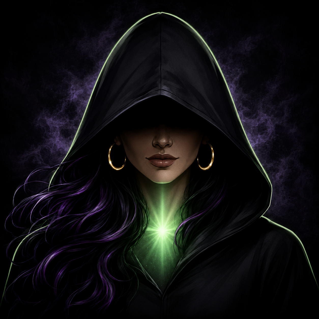 Manifestor Anonymous hooded figure with glowing throat